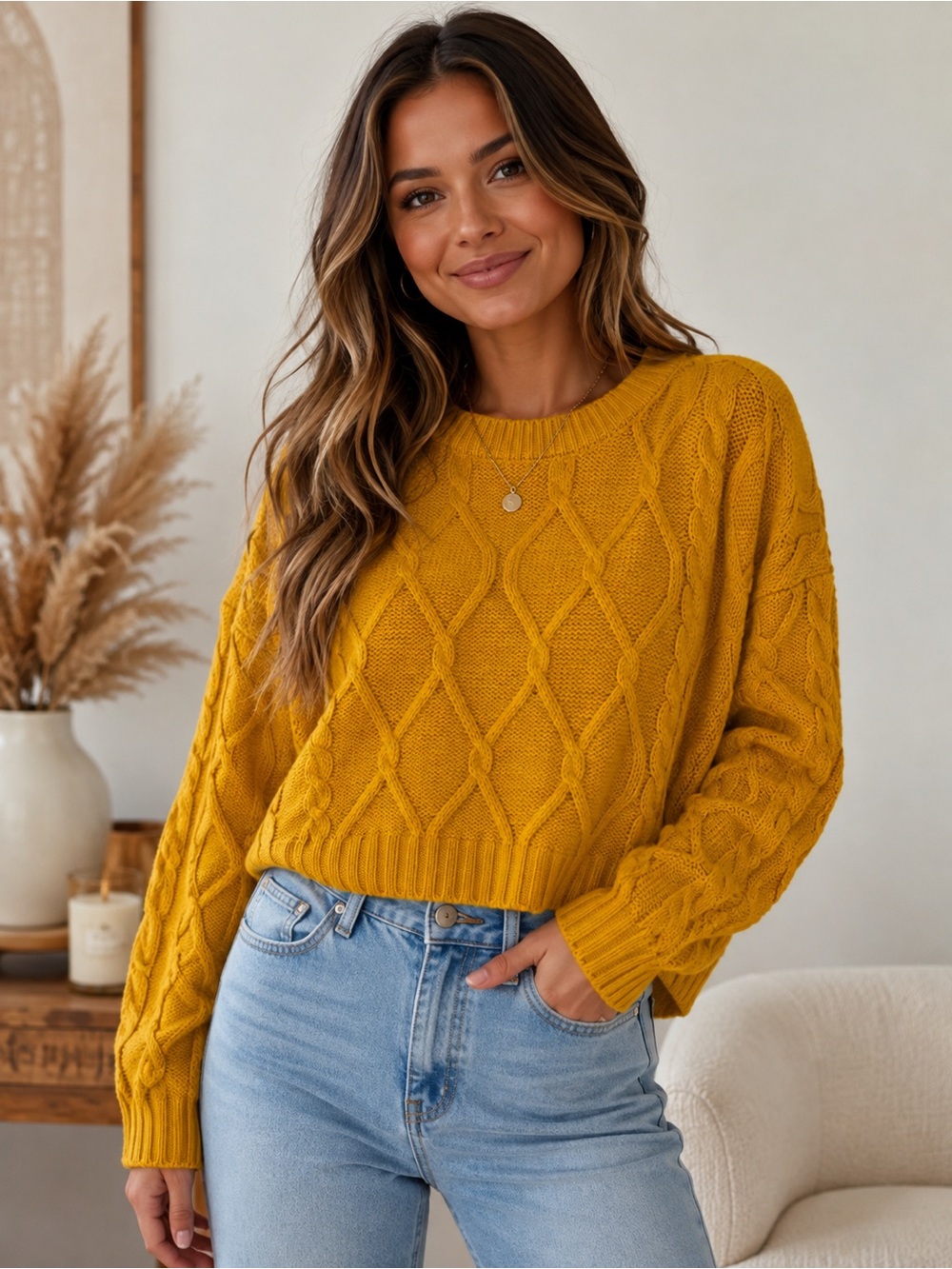 Ultra Flirt Mustard Cable Knit Crewneck Sweater